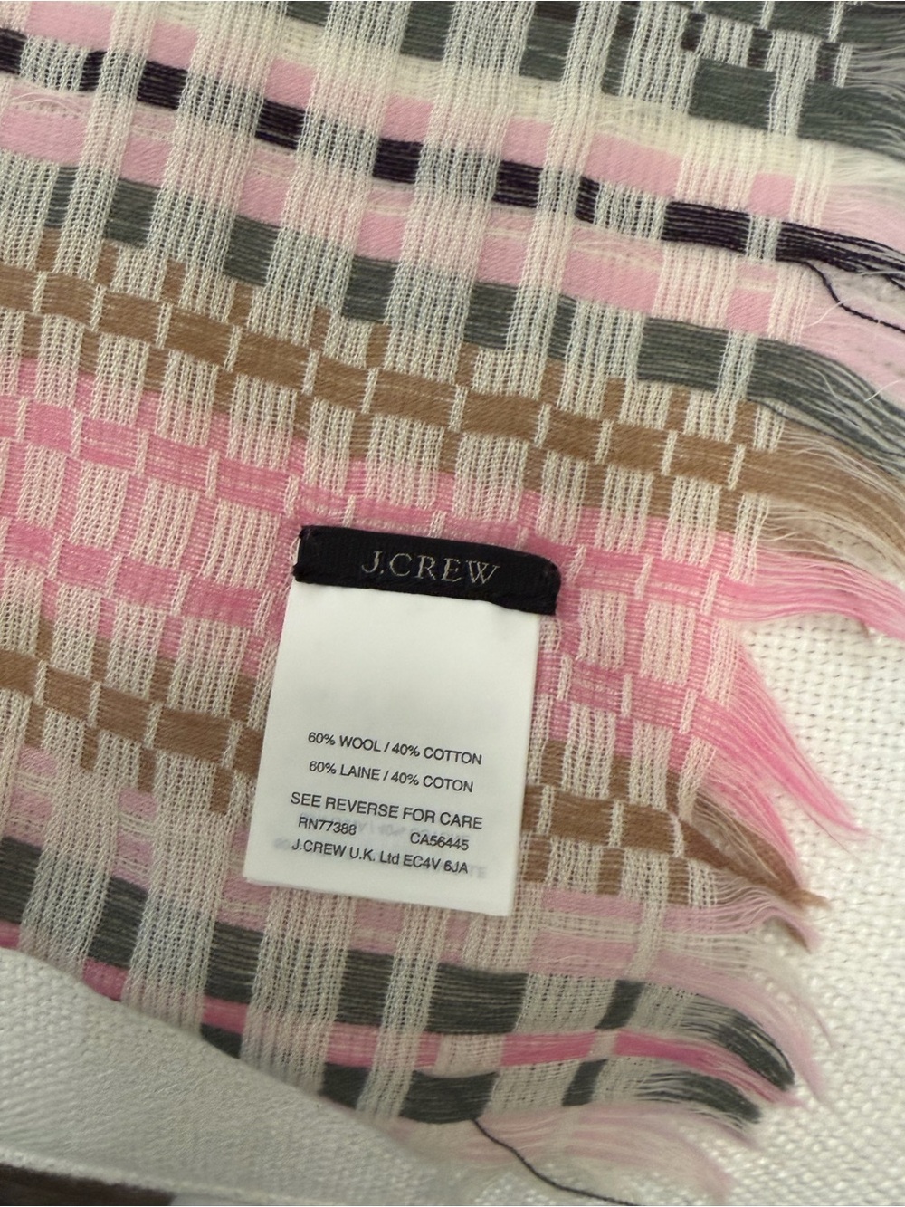 J. Crew Pink, Cream and Tan Plaid Scarf